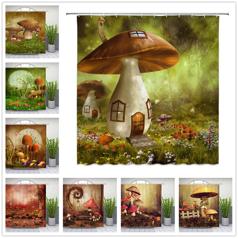 

Fantasy Forest Scenery Shower Curtains Creativity Mushroom House Flower Butterfly Bathroom Decor Waterproof Bath Cloth Curtain