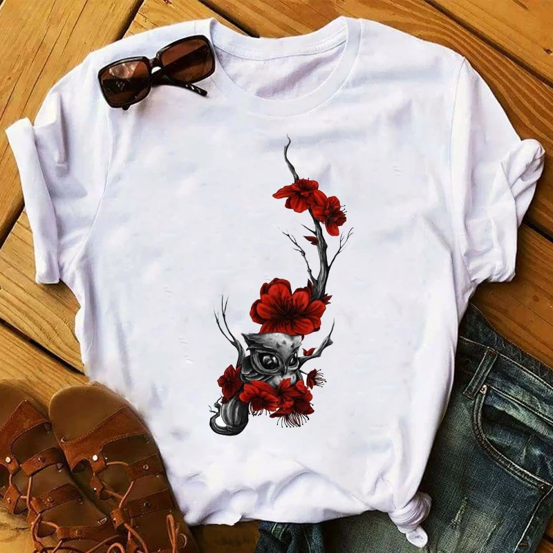Женская футболка с рисунком совы Элегантная модная цветочным принтом