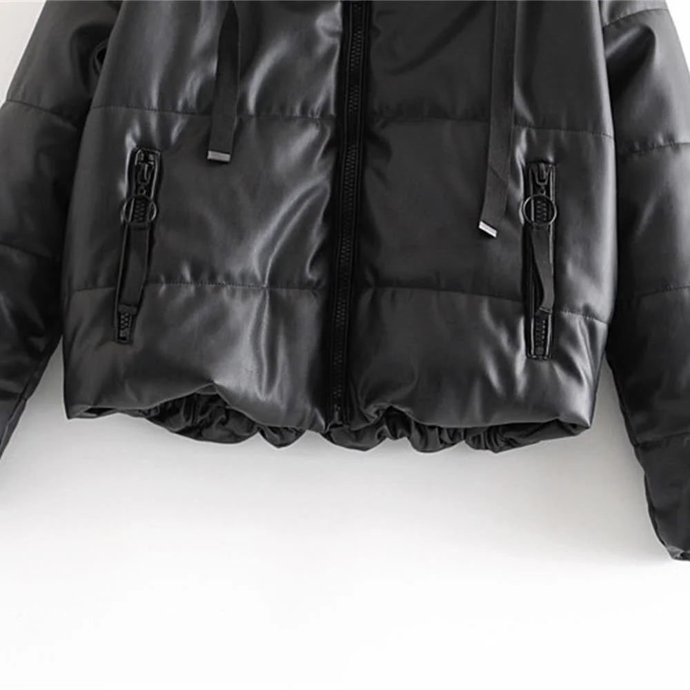 

Aw2019 women's new hooded collar long sleeve jacket with adjustable hem Pu imitation leather jacket 03046223800