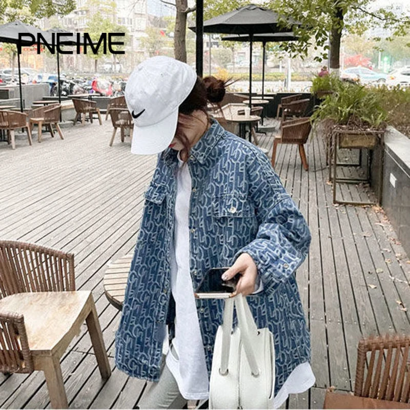 

New Women Korean Denim Jacket Loose Retro Trend All-match Long Jacket Women Spring and Autumn Outside Printed Blue Top Ins
