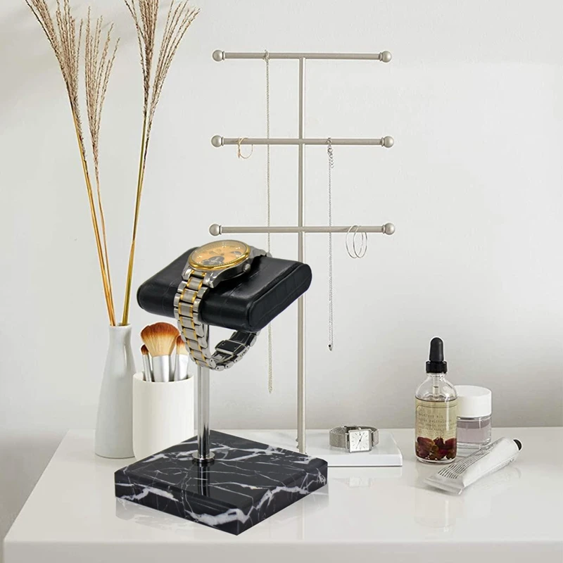 

Natural Marble Watch Display Stand Black Crocodile Grain Leather Silver Support Rod Watch Bracelet Jewelry Storage Rack