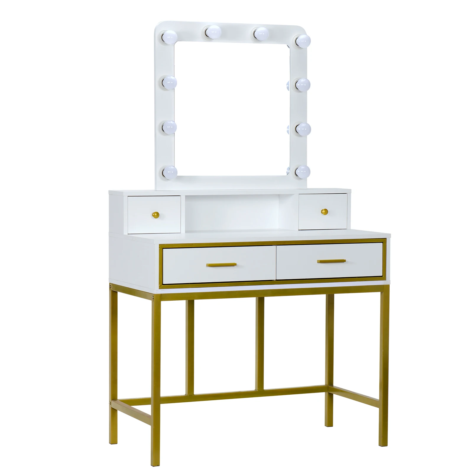 

Dresser Dressing Table Single Mirror 4 Drawers Bulb Golden Steel Frame MDF&Solid Wood White 90.5x45x76-151.5CM[US-Stock]