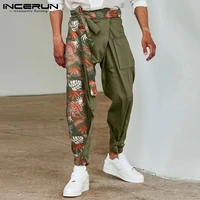 men pants print patchwork 2021 lace up joggers pockets casual irregular trousers men streetwear baggy pantalon s 5xl incerun
