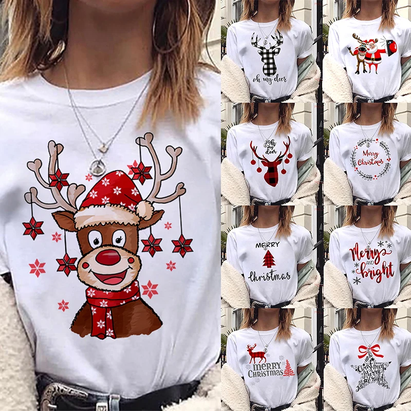 

Белые футболки для женщин с рисунком Счастливого Рождества/лося, повседневная облегающая Мужская футболка