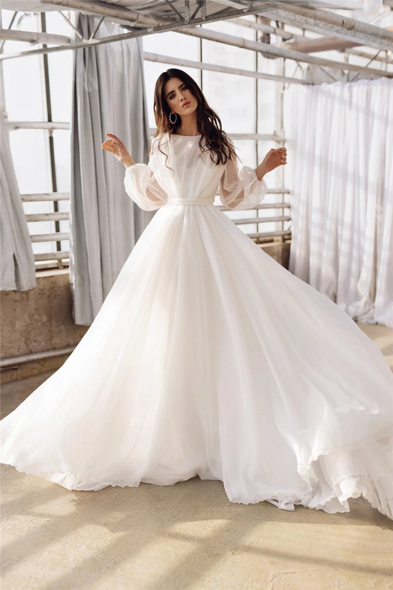 

AmazomBridal Boho Gown Long Sleeves Bohemian Wedding Dress Organza Bridal Gown Sweep Train Backless Princess Party