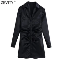 zevity women vintage single breasted pleated design slim shirt dress office ladies chic side zipper black satin vestidos ds8971