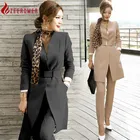 Женский деловой костюм ZEEROMER из 2 предметов, Осенний официальный блейзер с длинным рукавом и V-образным вырезом, пальто + длинный костюм-карандаш, 2021