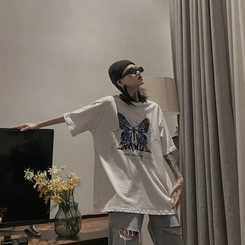 

Woman Cotton Tshirts Harajuku Butterfly Print y2k Tops Aesthetic Vintage Femme T-shirts Korean Style Oversized Tshirt