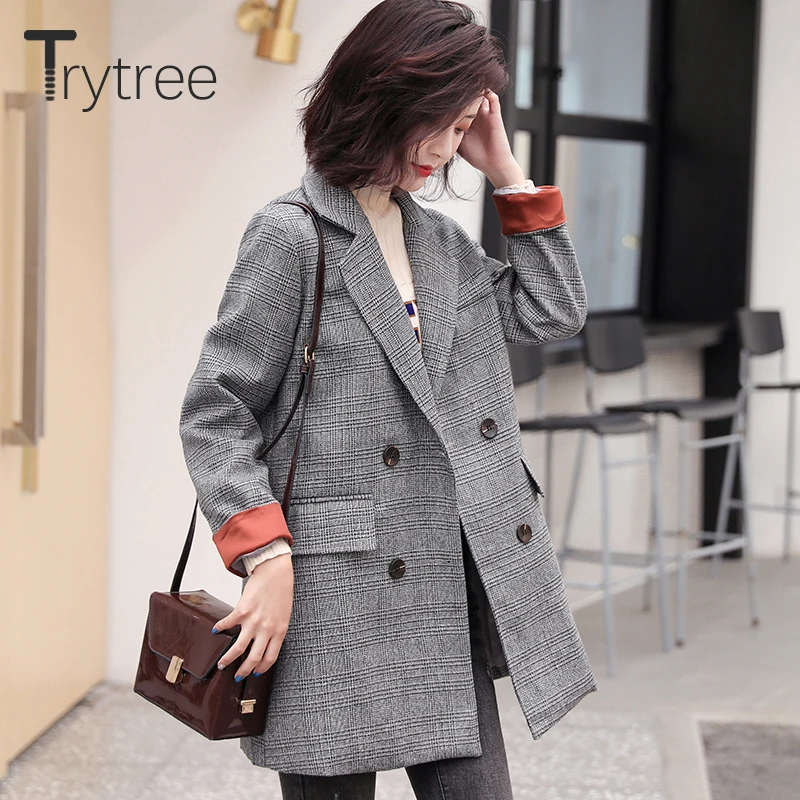 Trytree 2019 осеннее Женское пальто повседневное с отложным воротником двубортное в