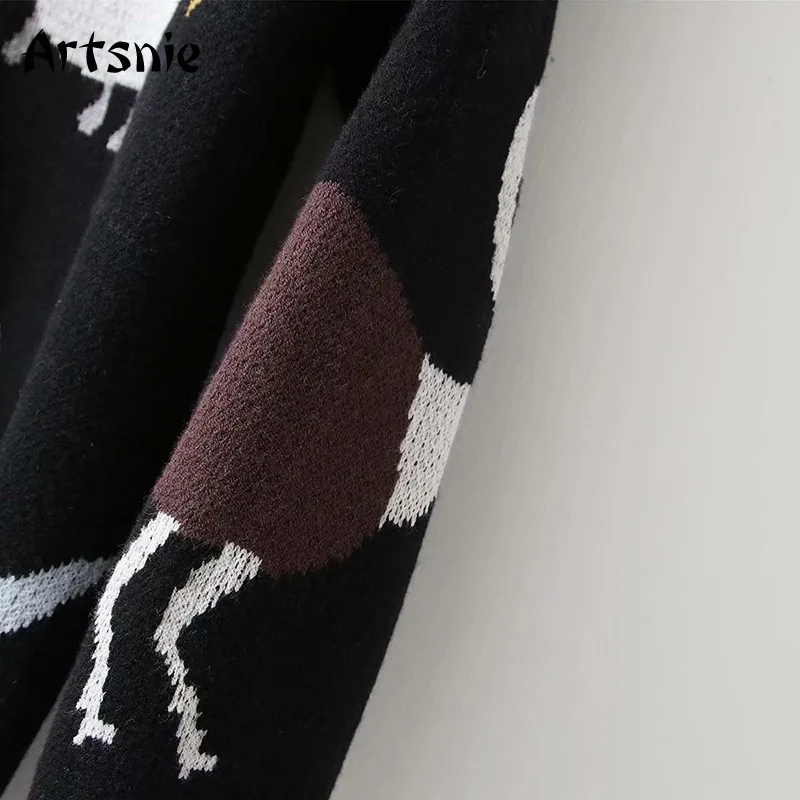 

Artsnie winter 2020 cartoon sweater women o neck long sleeve black pull femme hiver oversized vintage casual warm sweater jumper