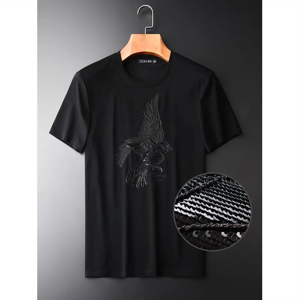 

Delicate and comfortable handle, Sequin embroidery short sleeve men's T-shirt, round neck, slim fit, fashionable animal pattern,