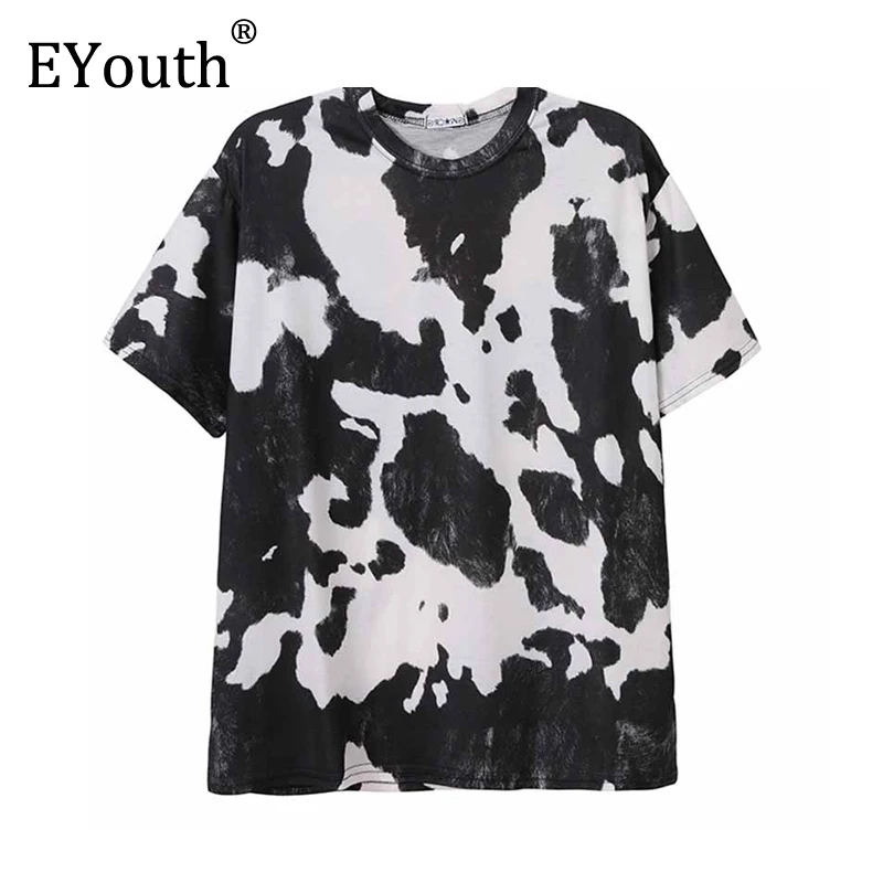 Женская футболка с принтом коровы контрастная свободная коротким рукавом топы