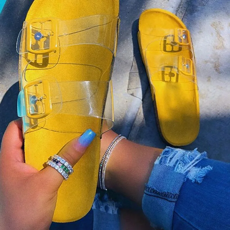 Пляжные Шлепанцы из ПУ кожи прозрачные повседневные сандалии с двойной пряжкой
