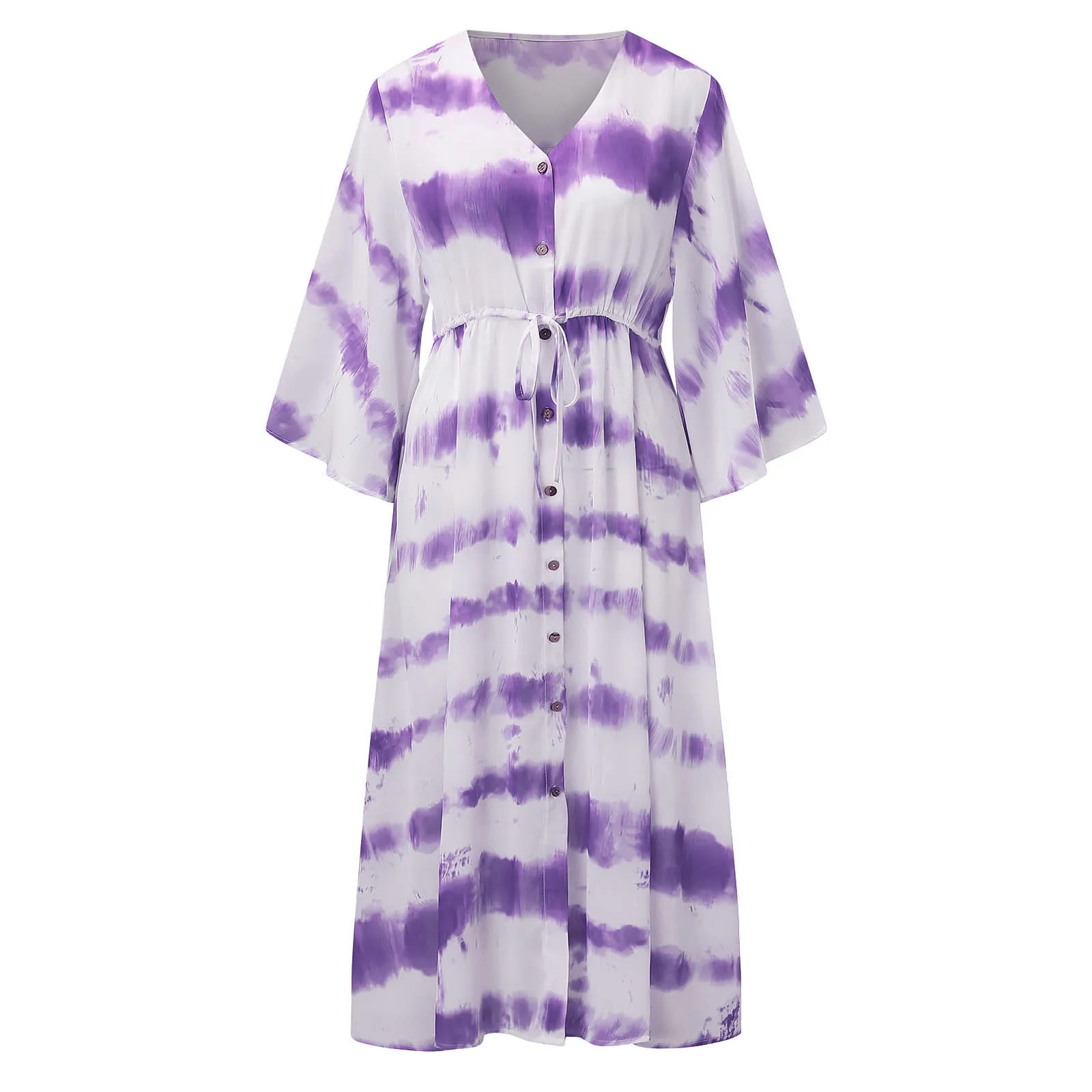 

40# Summer Boho Tie Dye Maxi Dress Striped Robe Femme Vintage Button Half Sleeve Long Dress Draped V-neck Oversized Long Dress