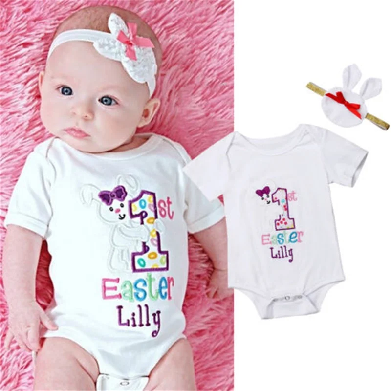 

Cute Newborn Baby Girls Short Sleeve Bodysuit Infant Kids Cartoon Easter Suit Cartoon Headband Set