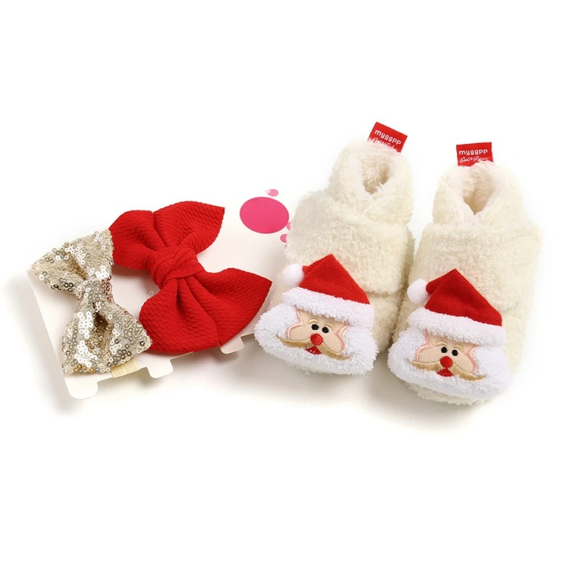 

2020 Christmas Baby Shoes Baby Boys Girls Winter Warm Santa Claus First Walkers Cute Baby Boots with two pairs socks/head band