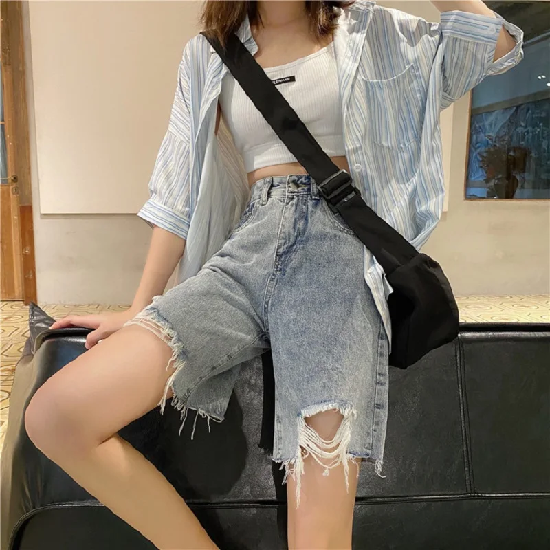 

Hole Classic Pockets Shorts Women Retro Korean Style Loose Short Girl Trendy Designed Summer Light Casual Blue Streetwear Shorts