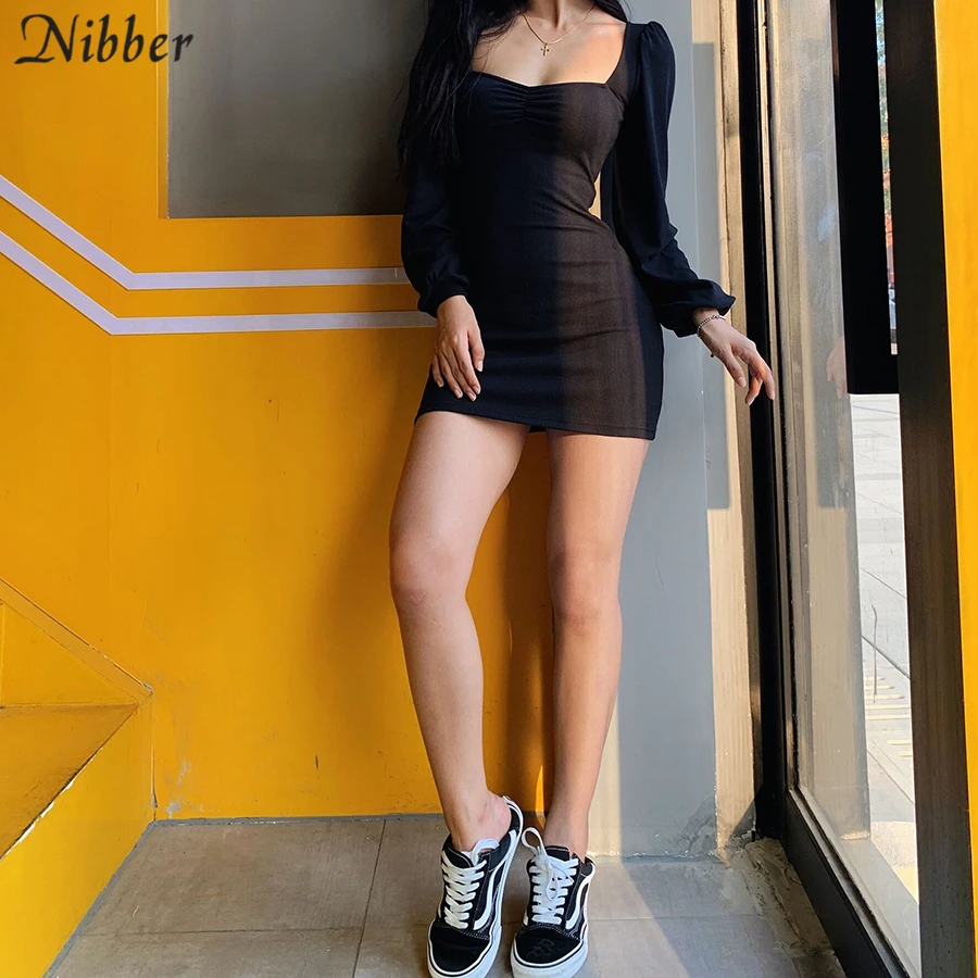 

Harajuku pure knitting full sleeve low cut dress women 2019 office lady street casual black red simple bodycon mini dress