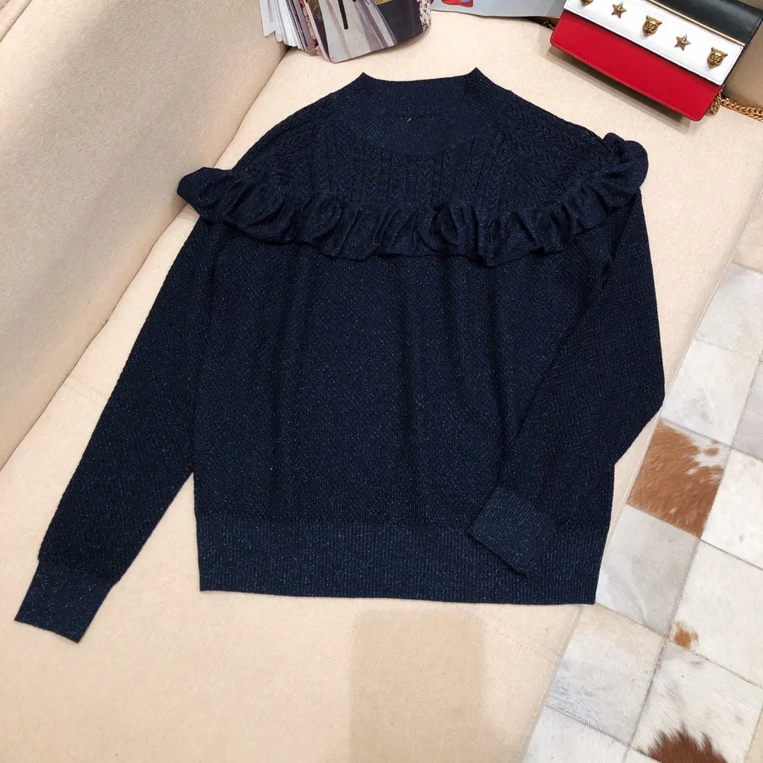 

new ladies fashion 2021 long sleeve sexy casual solid color hollow crochet bright silk sweater 1026