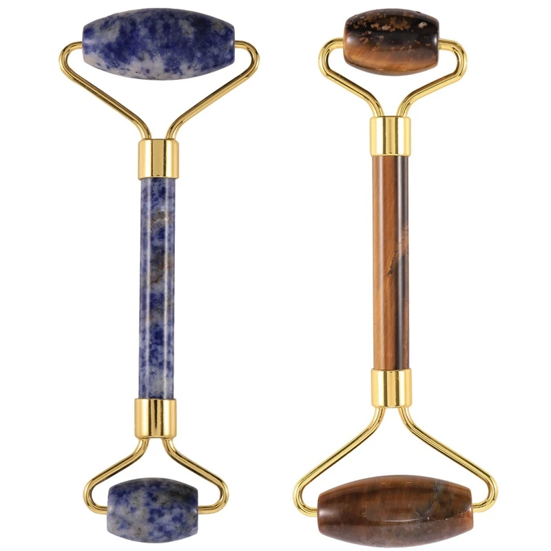 

2x Jade Stone Facial Massage Roller Practical Jade Face Anti Wrinkle Body Head Blue & Tiger Eye Color