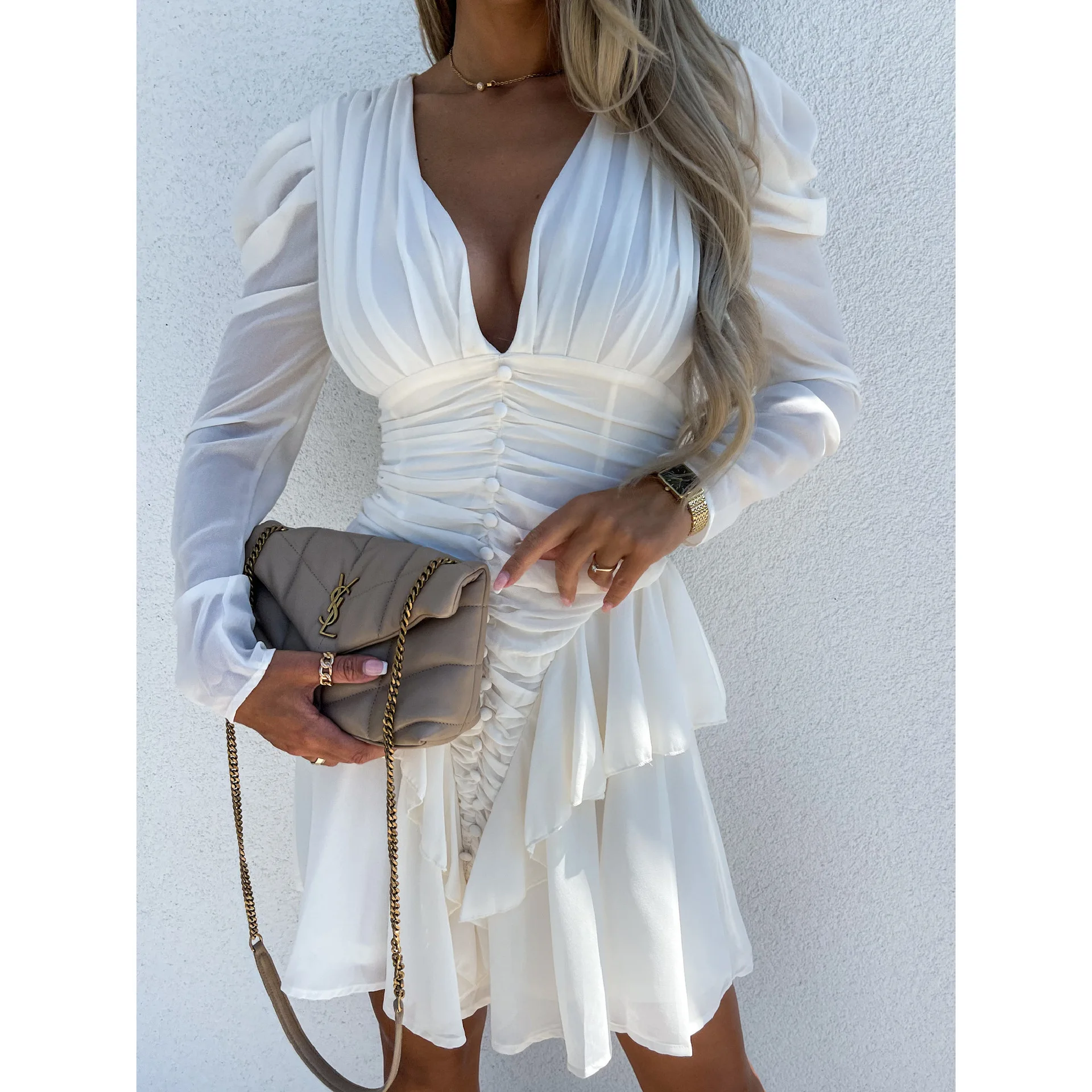 

Женское однотонное плиссированное платье, повседневное праздничное платье с V-образным вырезом и оборками, лето 2021