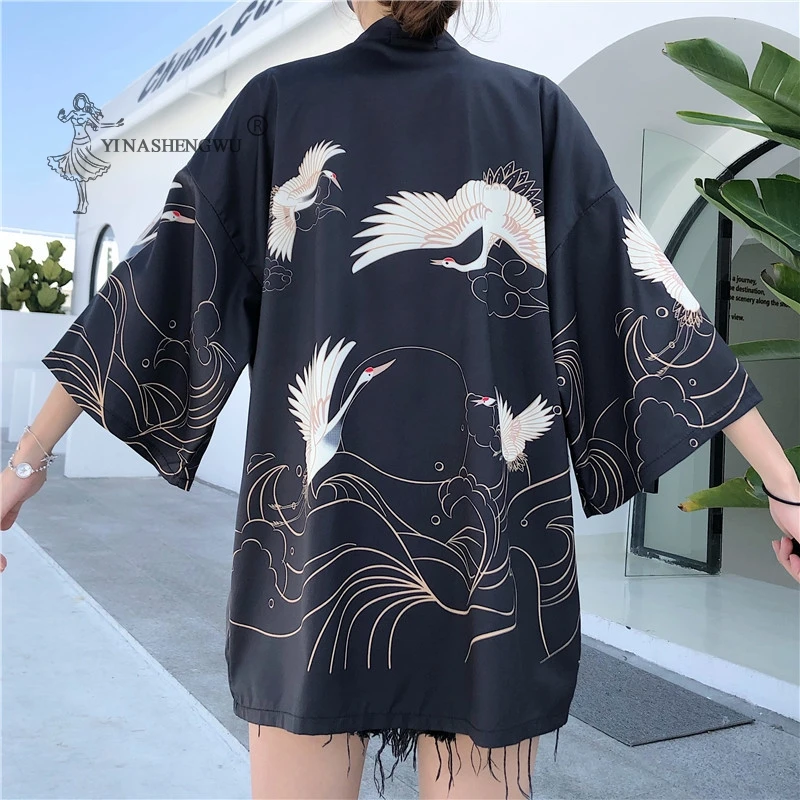 

Summer Shirt Crane Print Clothes Women Japanese Kimono Costume Retro Harajuku Haori Coat Chiffon Cardigan Yukata Blouse Clothing