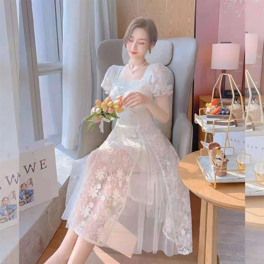 

White Midi White Dress Women Elegant Casual Short Sleeve Vintage Sexy Dresses Office Lady Dress Korean Summer 2021 Chic