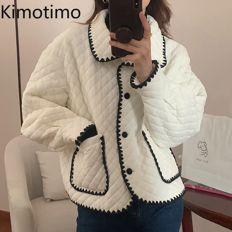 

Стеганые пальто Kimotimo с рисунком ромбиками для женщин, шикарный укороченный топ с отложным воротником и окантовкой, зимняя свободная хлопко...