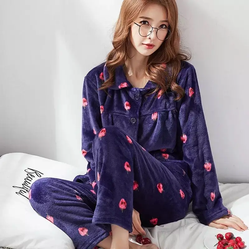 peach sleepwear Пижамы женские большие размеры пижамы из плотной ткани женские теплые длинные осенние пижамы зимний домашний костюм женская пижама домашний L-XXL - Color: peach sleepwear