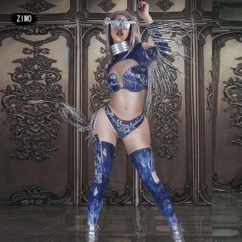 

Tassel blue Print Sexy Jumpsuit Women Club Bar Nightclub Performance Dance Costume Birthday Party Prom DS DJ Stage Show Bodysuit