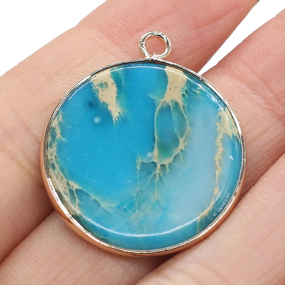 

Natural Gems Pendant Disc Shape Blue Ocean Stone Golden Plated Pendant DIY Fashion Jewelry Making Earrign Necklace for Women