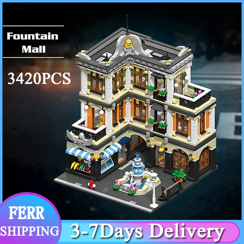 

JIESTAR 89113 MOC City Street View Series 3420Pcs Fountain Shopping Center Model Set Building Block Brick Toys Kids Gift