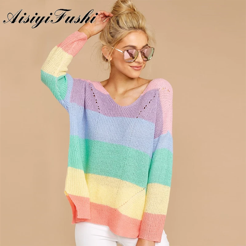 Женский трикотажный свитер в радужную полоску Свободный джемпер с длинным