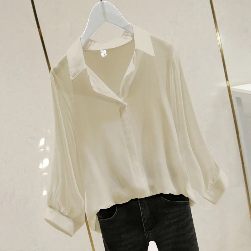 

2021 Solid Color Loose Summer Shirt Ladies Turndown Collar Simple Bat Sleeve Plus Size Women Blouse Blusa Femininas Tops Y966