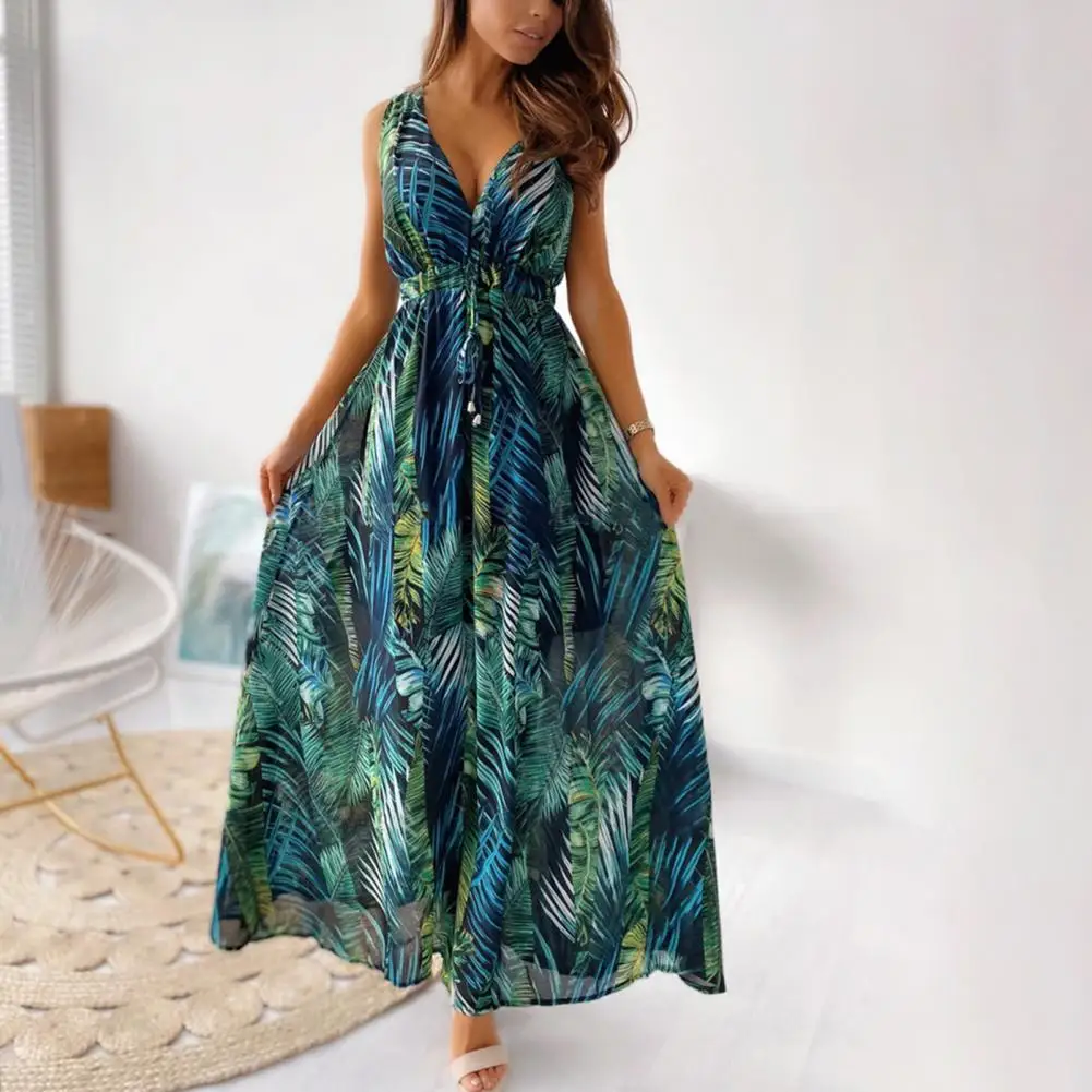 

women Beach Boho Floral Print V-neck Dresses Women Summer Sleeveless Drawstring Waistband Dress for Beach длинное платье в пол