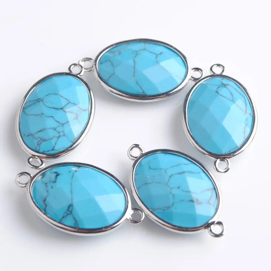 

WOJIAER Silver-color Double Hole Oval Faceted Natural Stone Gem Blue Turquoises for DIY Connector Handcrafted Jewelry PZ9052