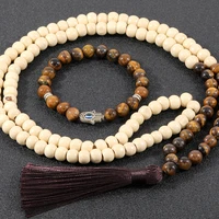 oaiite bohemian wood beads prayer necklace natural tiger eye stone necklace bracelet women men yoga energy rosary jewelry set