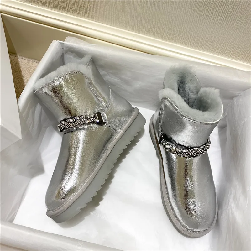 

Meotina Women Snow Boots Shoes Natural Genuine Leather Platform Flats Short Boots Crystal Warm Fashion Ankle Boots Female 34 40