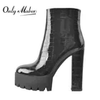 OnlymakerЧерные ботильоны из лакированной кожи на платформе, с боковой молнией, с круглым носком, на не сужающемся книзу массивном высоком каблуке; Женские полусапожки из флока; Большие размеры