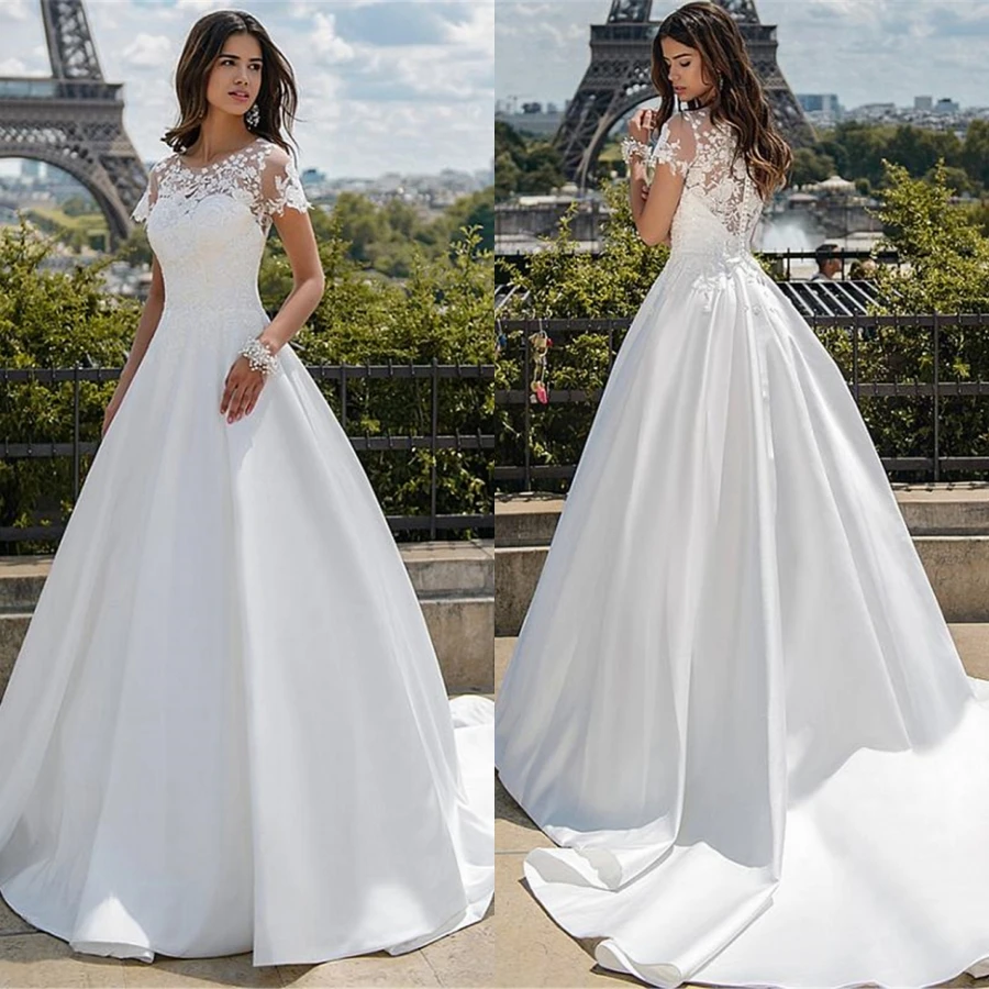

White Oansatz Short sleeves Satin With Applique lace A-line Wedding dress 2021 Bride Dress Vestido De Noiva Bridal dress Vintage