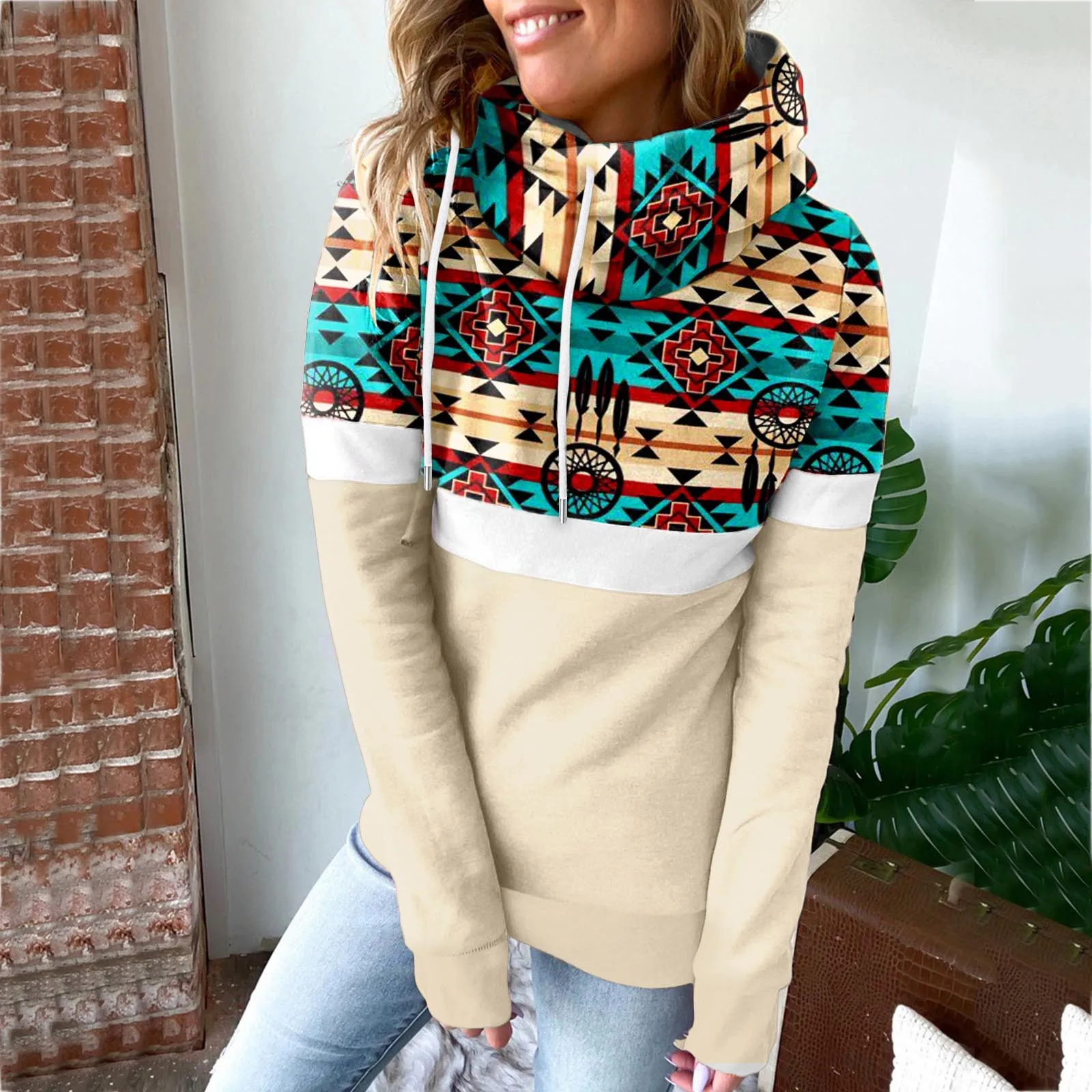 

Women Hoodies Sweatshirt Color Matching Women Clothes Tribal Printed Long Sleeve Comfortable Turtleneck Pullover Tops Sudadera