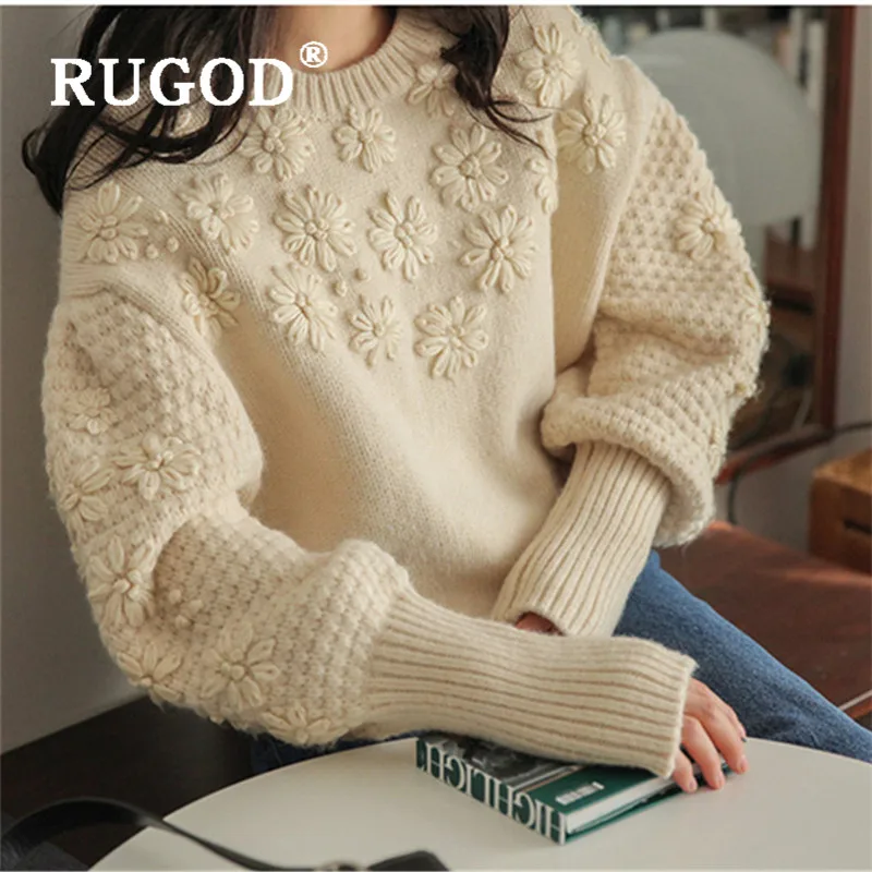 RUGOD Knitted Sweater Embroidery Pullover Lantern Sleeve Jumper Winter Tops for Women Knitwear Korean Style Womens Sweaters 2020 | Женская