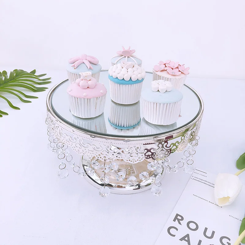 Серебряный круглый зеркальный поддон с кристальными краями для приема