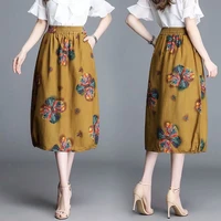 womens retro floral print cotton lace skirt stretch high waist casual midi skirt