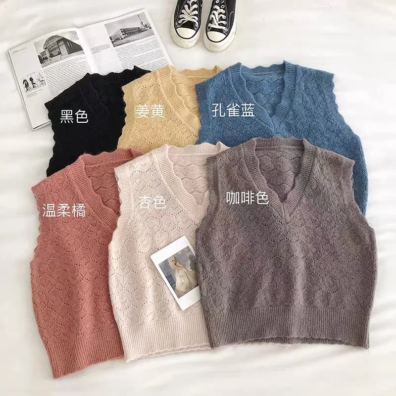 

Retro Sleeveless V-Neck Knitted Sweater Casual Wavy Side Women 2021 Autumn And Winter New Product Korean Wool Warm Pullover Vest