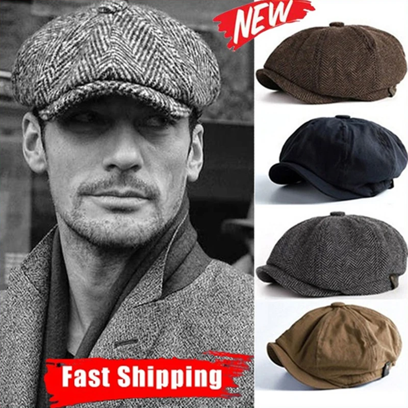 

4Colors New Fashion Men's Retro Beret Hat Wool Vintage Herringbone Tweed Blend Shelby Hat Men Casual Newsboy Hat Flat Cap