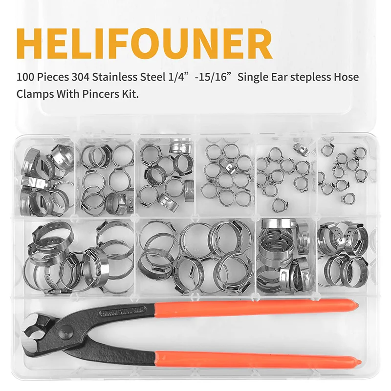 Новинка 100 шт. 304 нержавеющая сталь одиночные хомуты для шлангов 10 размеров с