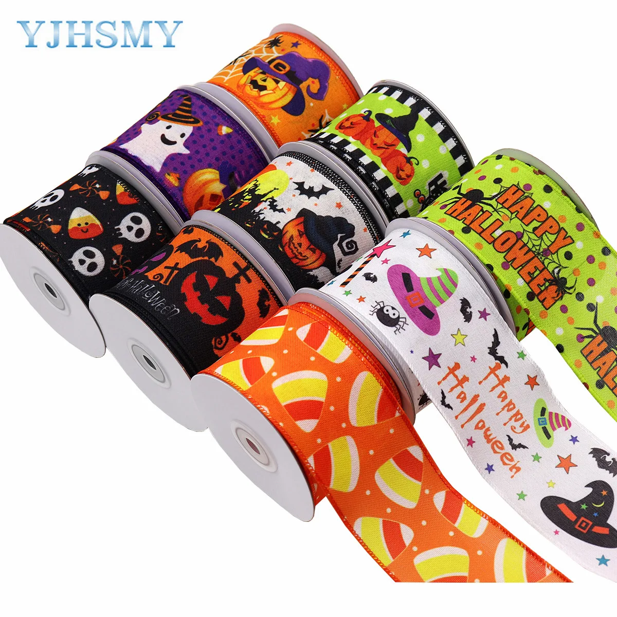 Halloween Wired Edge Ribbons 2.5in x 2yd Wide Holiday Wired Ribbons for DIY Halloween Wreath Bows Crafts