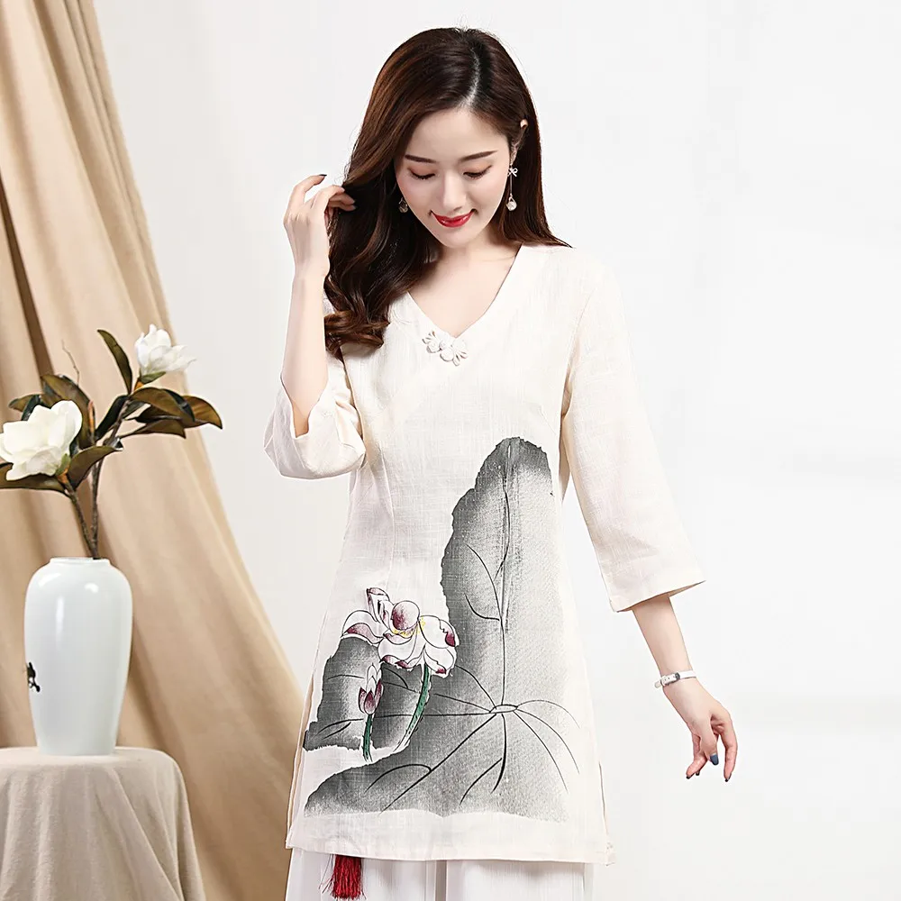 

Vintage New Blouse Tops Women Floral Print Shirt Chinese Tang Clothes Elegant Slim Half Sleeve Cotton Linen Tops