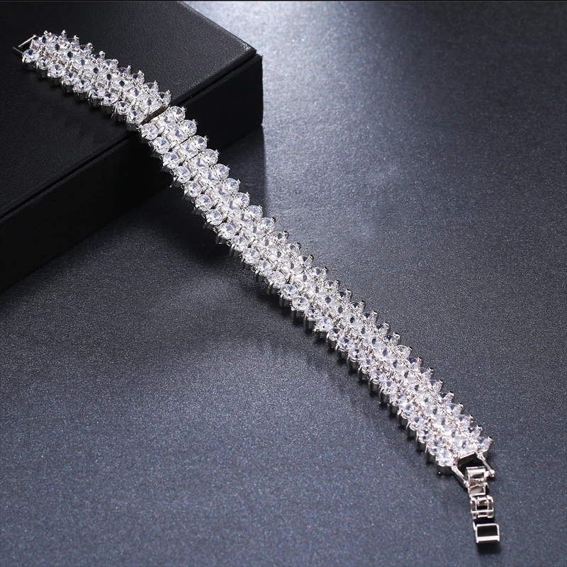 

Luxury Crystal Women Bangle Bracelet 3 Layers Bling CZ Cubic Zirconia Engagement Bracelets Iced Out White Gold Jewelry for Bride